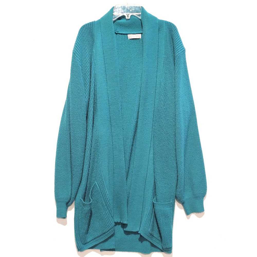 Vintage Lindsey Blake‎ Teal Oversized Knit Collar Open Front Cardigan Sweater M